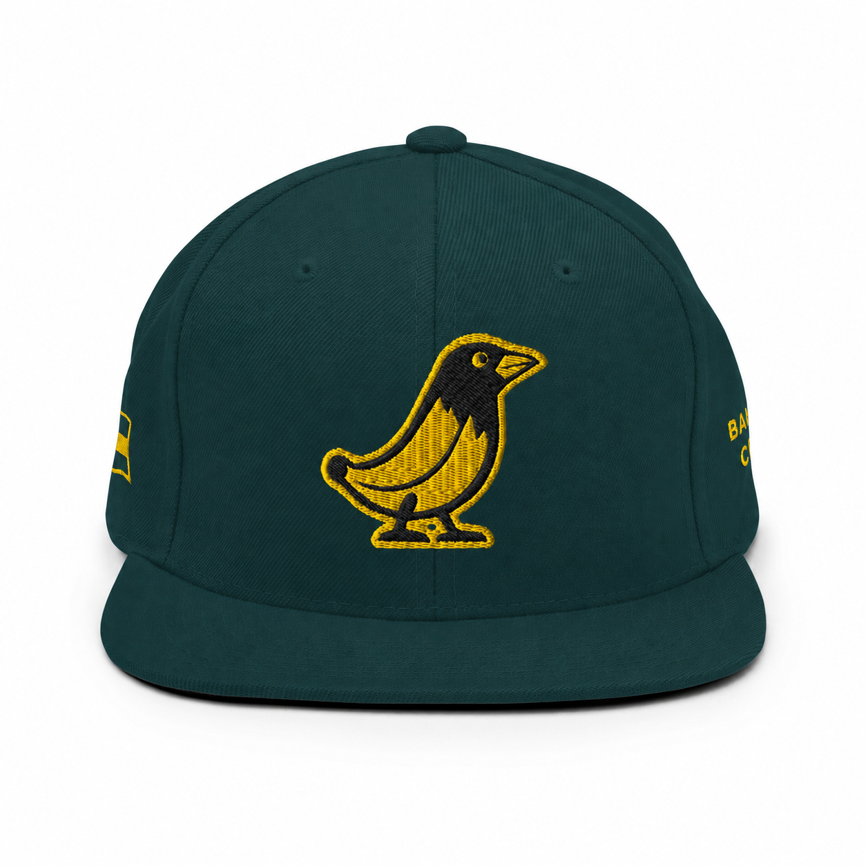 Banana Crow Allegiance embroidered snapback cap in Spruce front view
