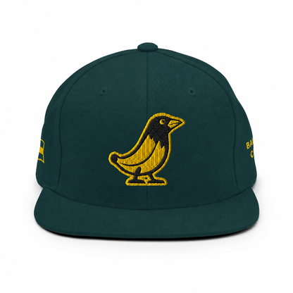 Banana Crow Allegiance embroidered snapback cap in Spruce front view