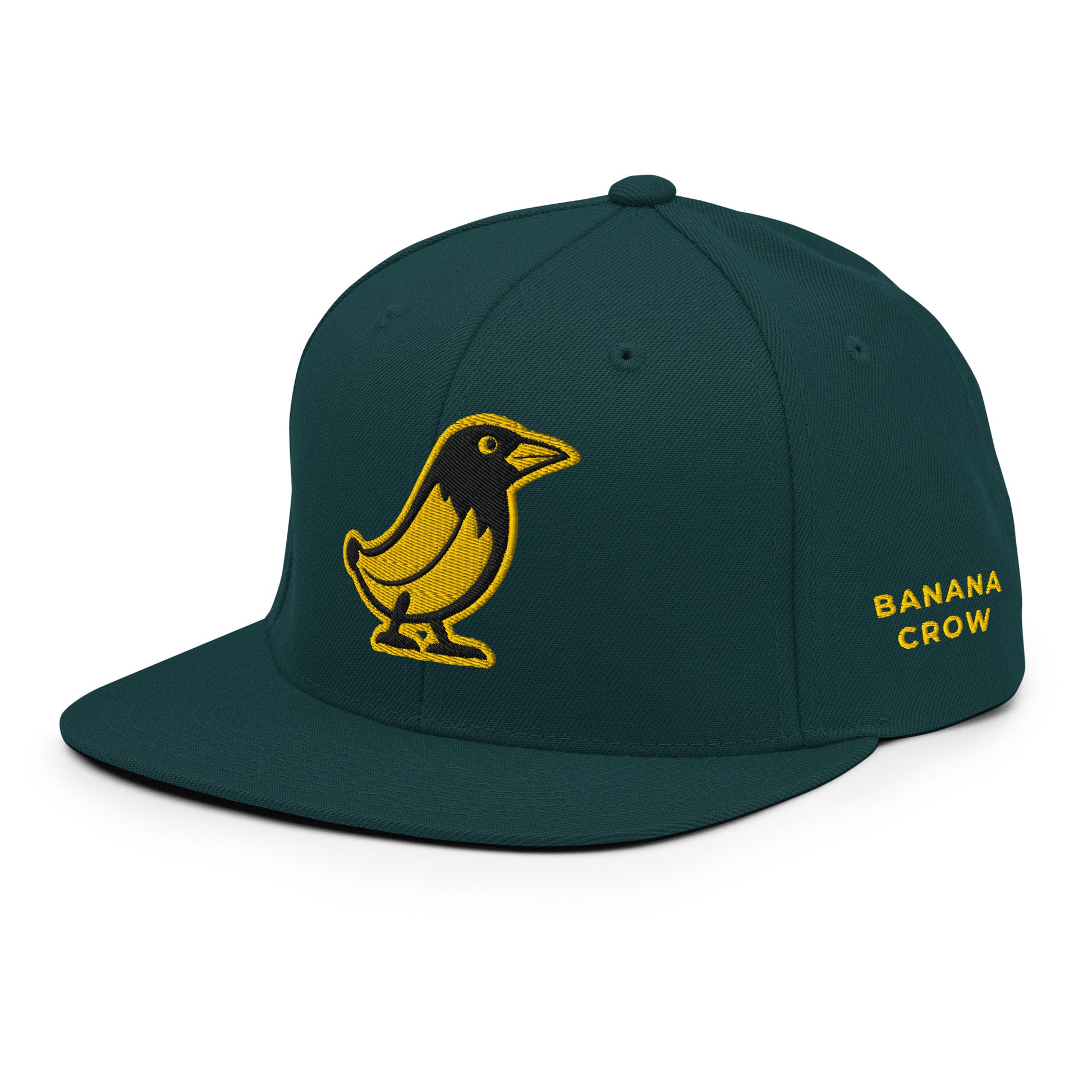 Banana Crow Allegiance embroidered snapback cap in Spruce left view with BANANA CROW side text