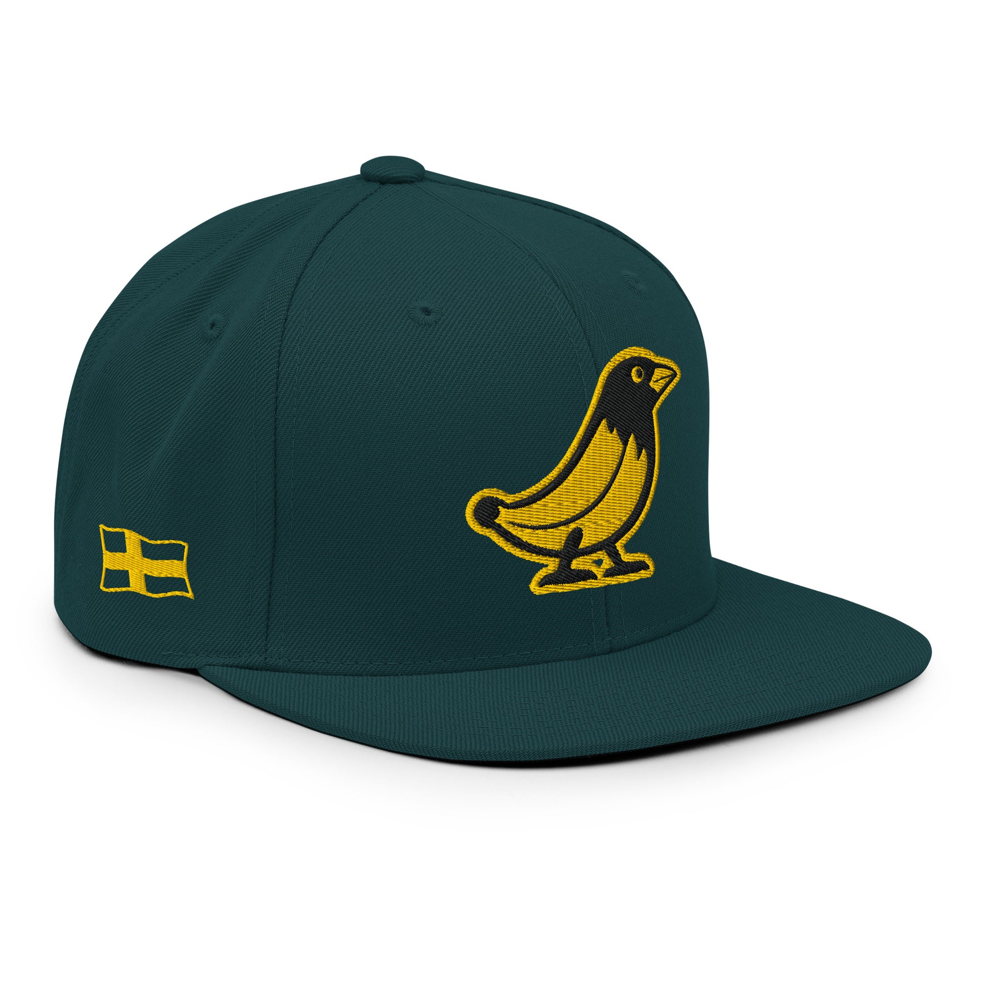 Banana Crow Allegiance embroidered snapback cap in Spruce right view with side flag patch