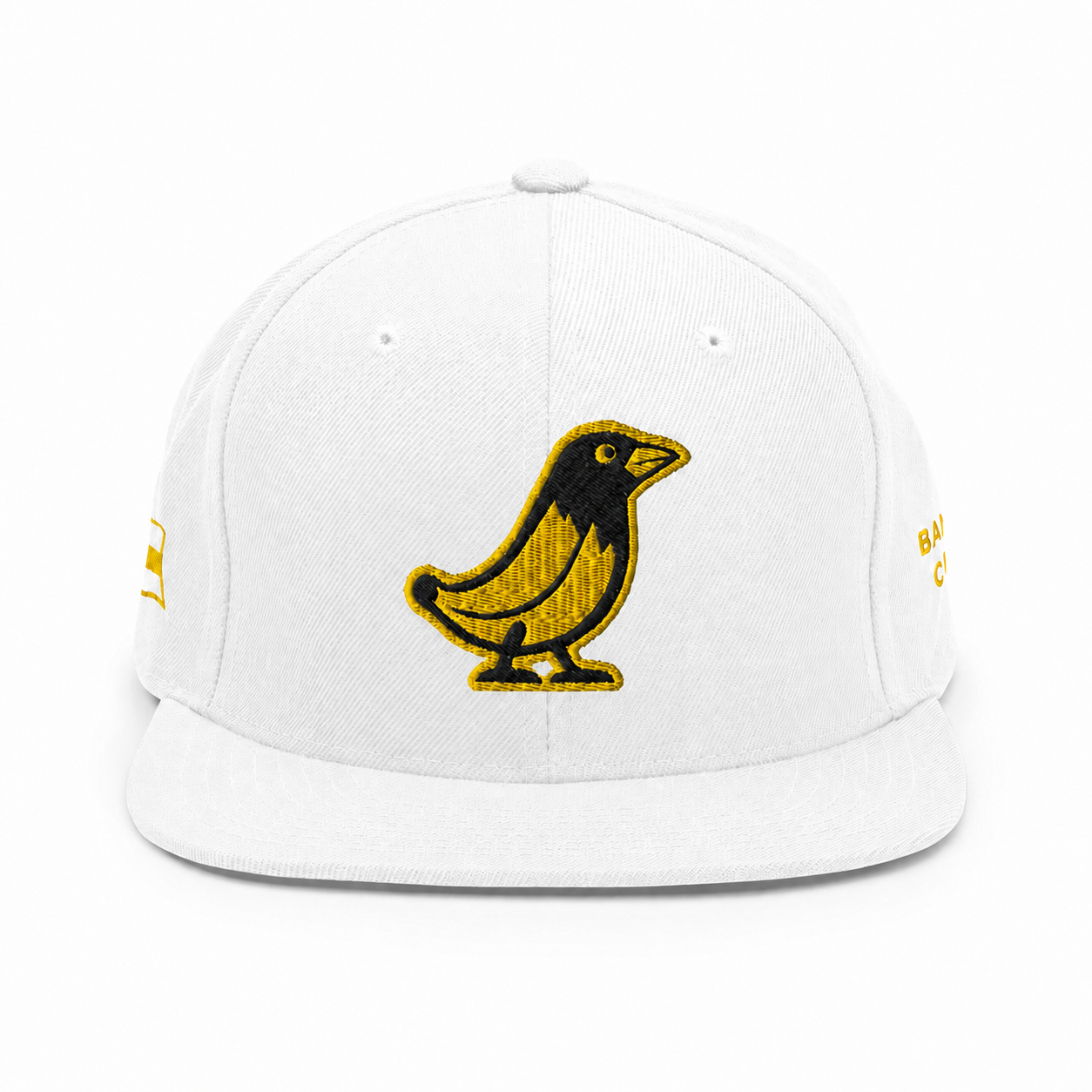 Banana Crow Allegiance embroidered snapback cap in White front view