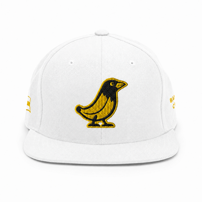 Banana Crow Allegiance embroidered snapback cap in White front view