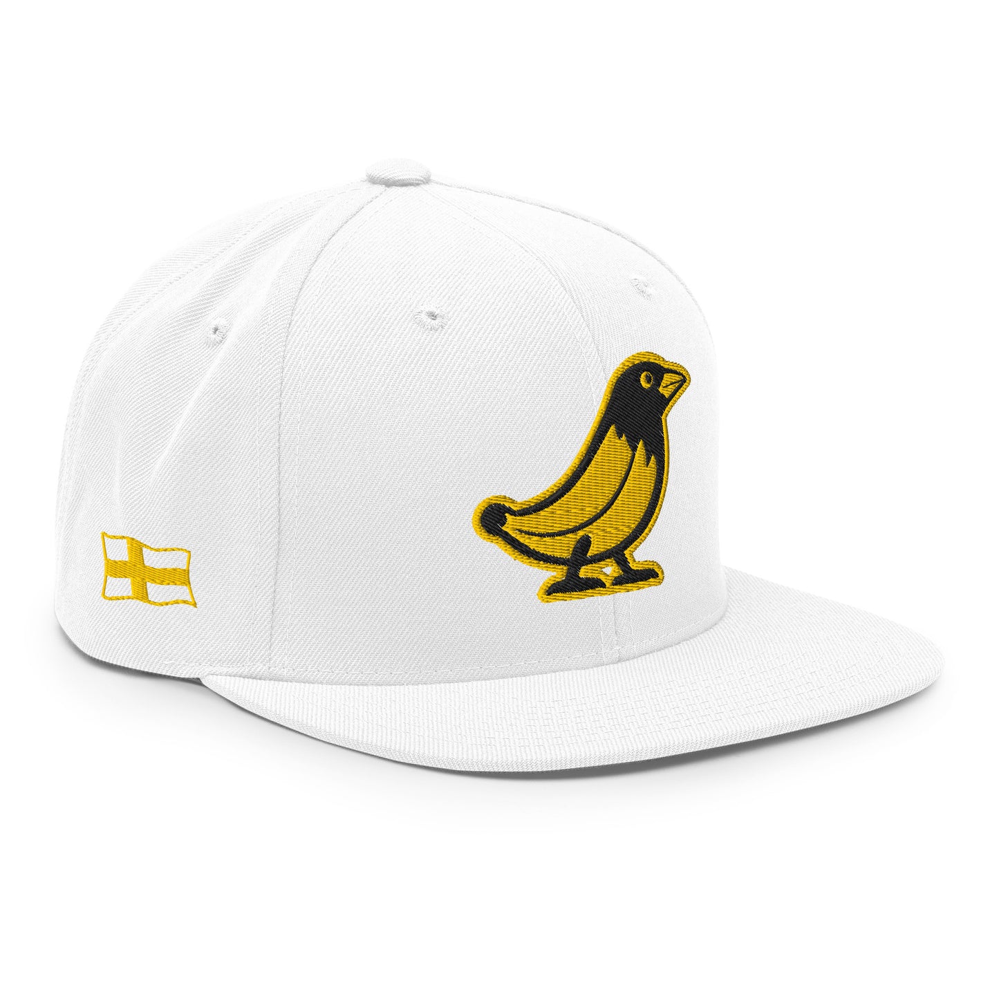 Banana Crow Allegiance embroidered snapback cap in White right view with side flag patch