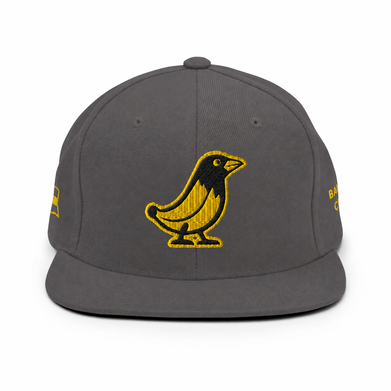 Banana Crow Allegiance embroidered snapback cap in Dark Grey front view