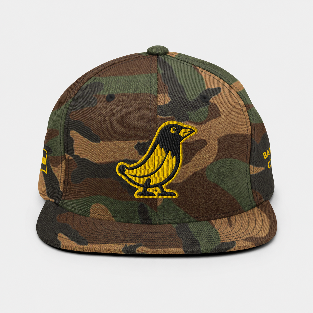 Banana Crow Allegiance embroidered snapback cap in Green Camo front view