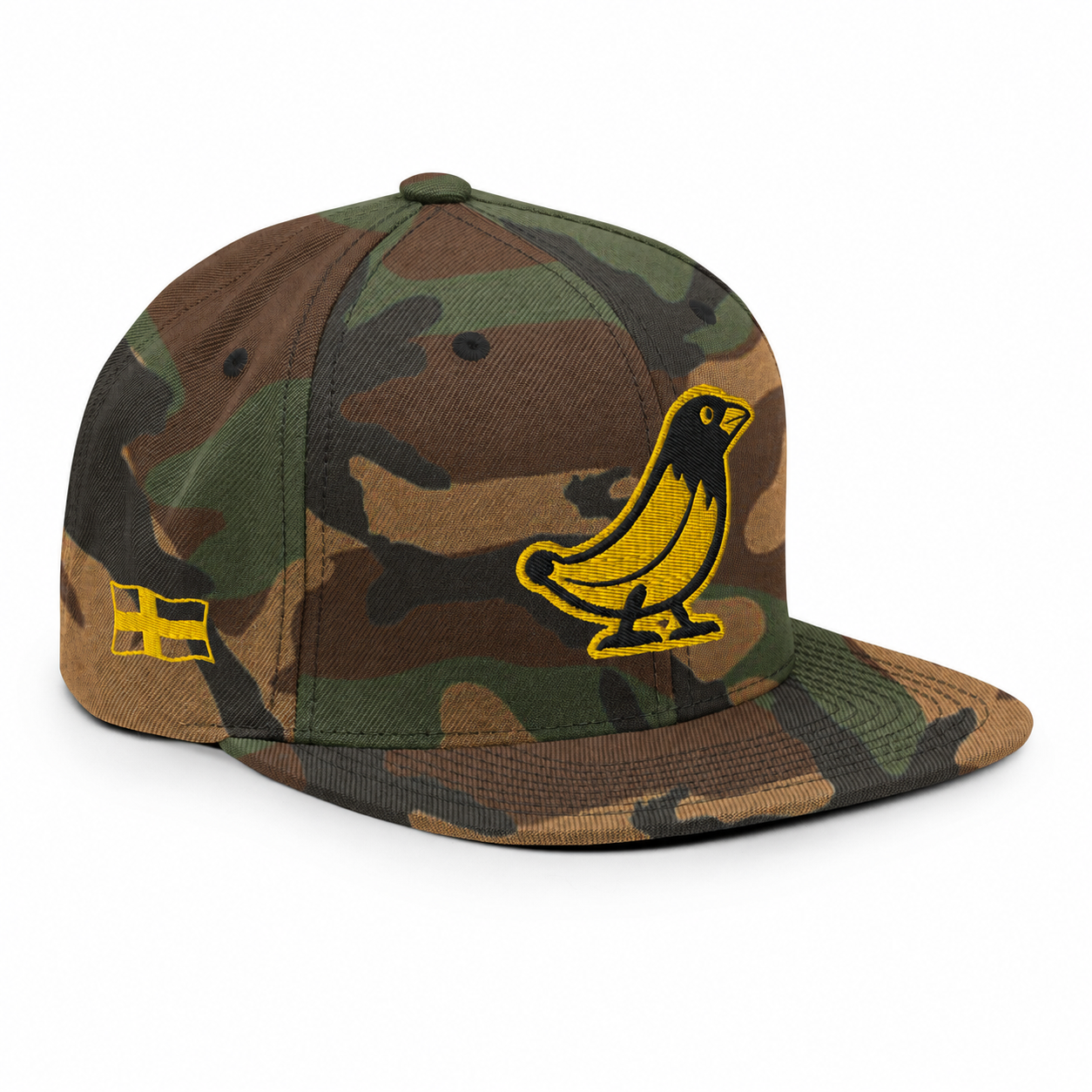 Banana Crow Allegiance embroidered snapback cap in Green Camo right view with side flag patch