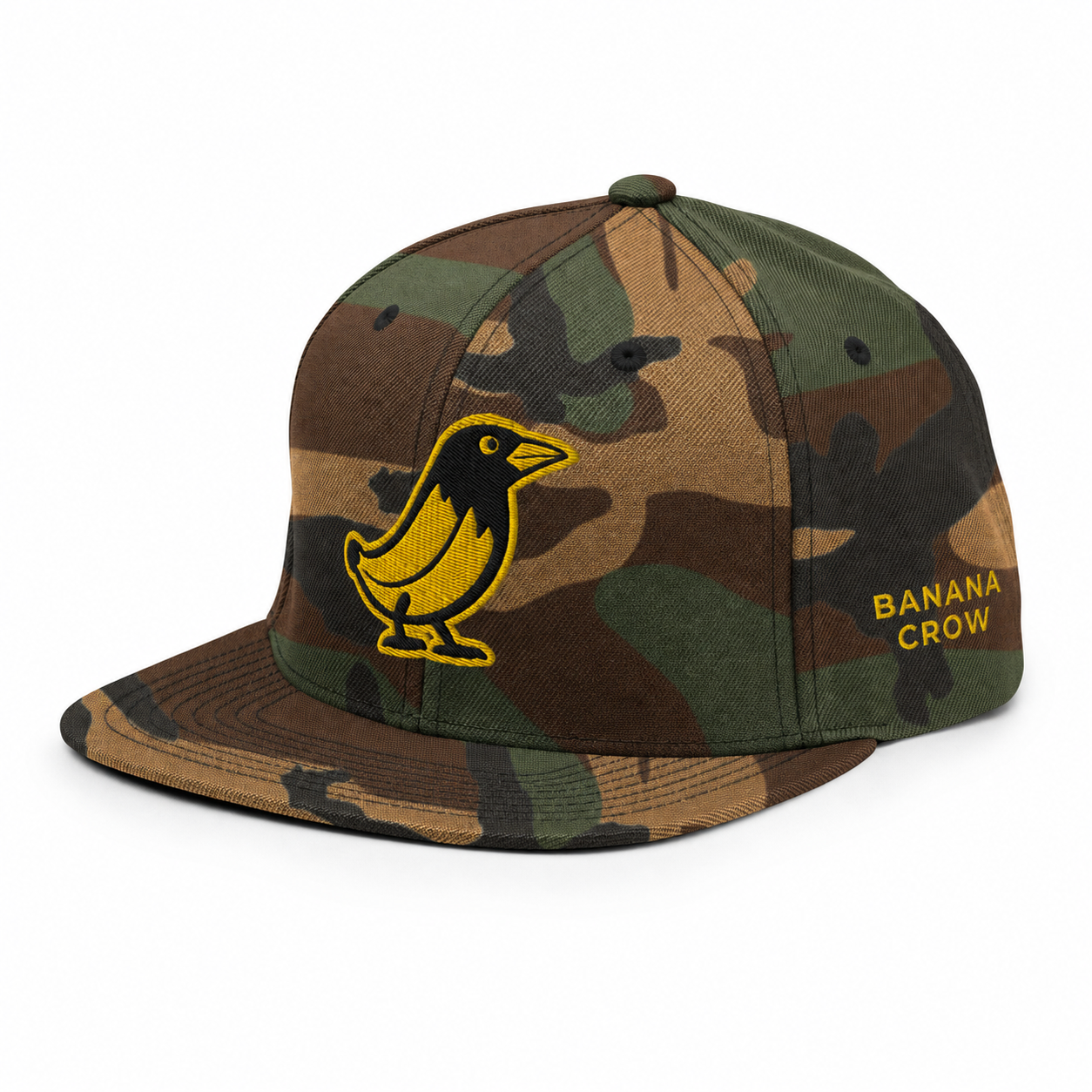 Banana Crow Allegiance embroidered snapback cap in Green Camo left view with BANANA CROW side text