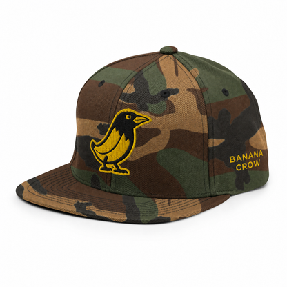 Banana Crow Allegiance embroidered snapback cap in Green Camo left view with BANANA CROW side text