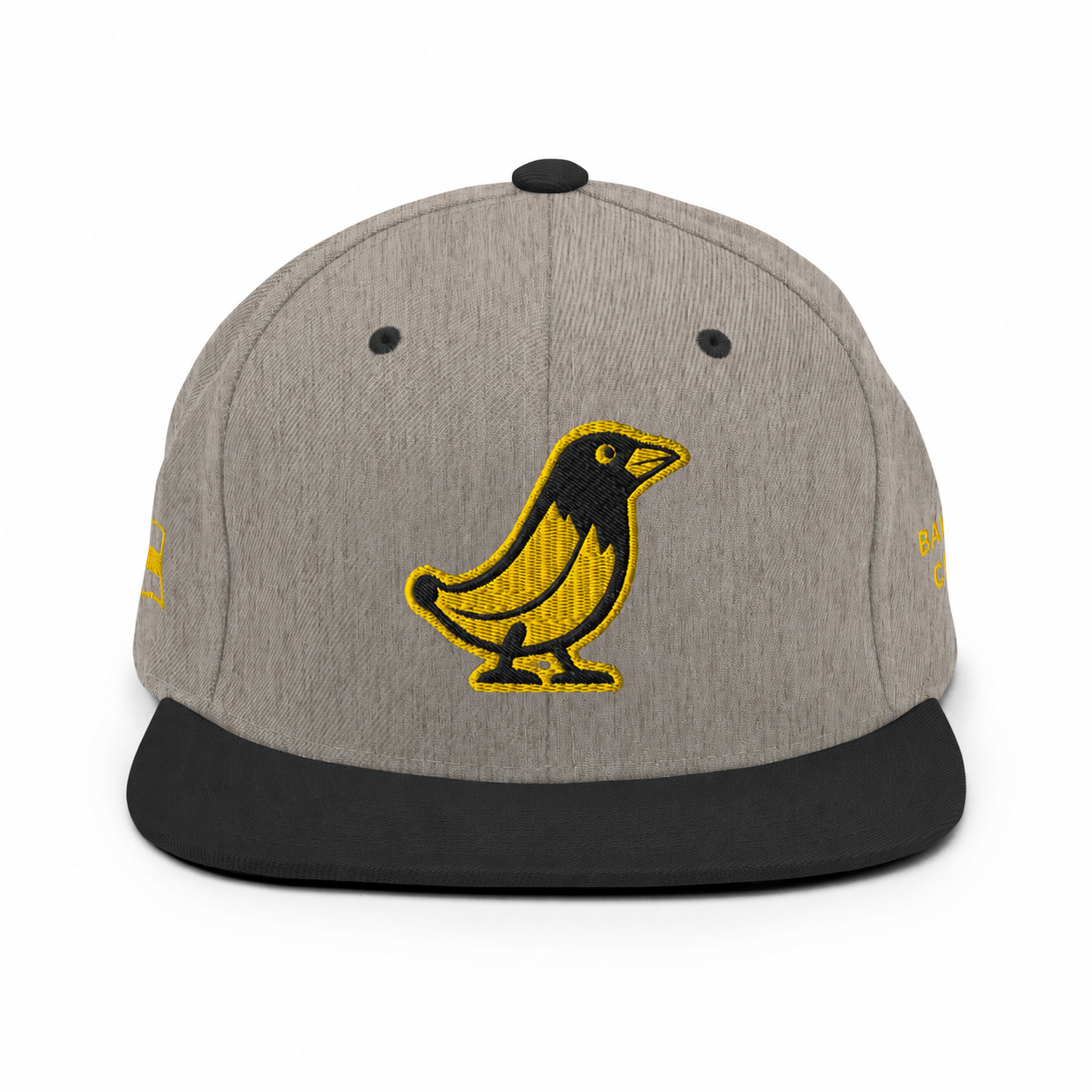 Banana Crow Allegiance embroidered snapback cap in Heather / Black front view