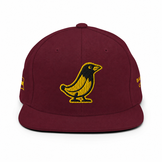 Banana Crow Allegiance embroidered snapback cap in Maroon front view