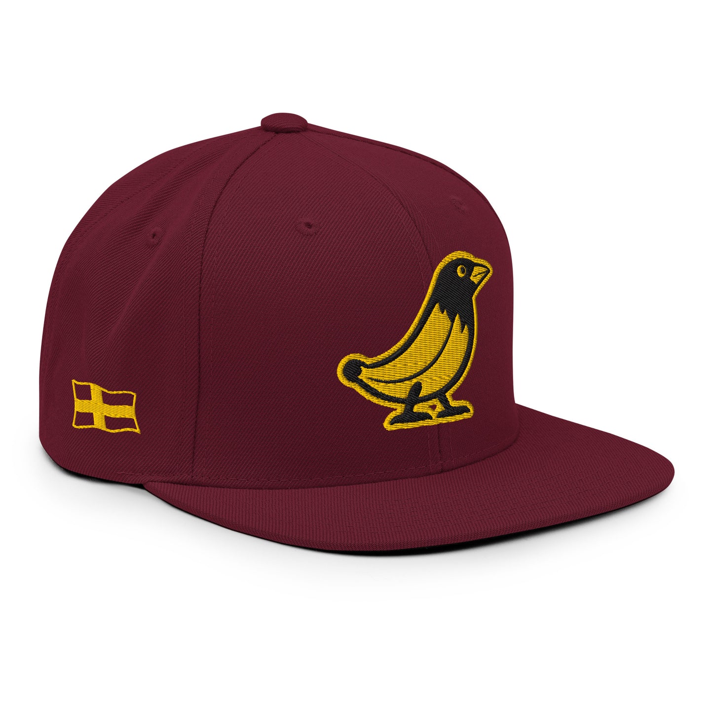 Banana Crow Allegiance embroidered snapback cap in Maroon right view with side flag patch