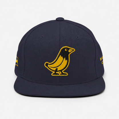 Banana Crow Allegiance embroidered snapback cap in Navy front view