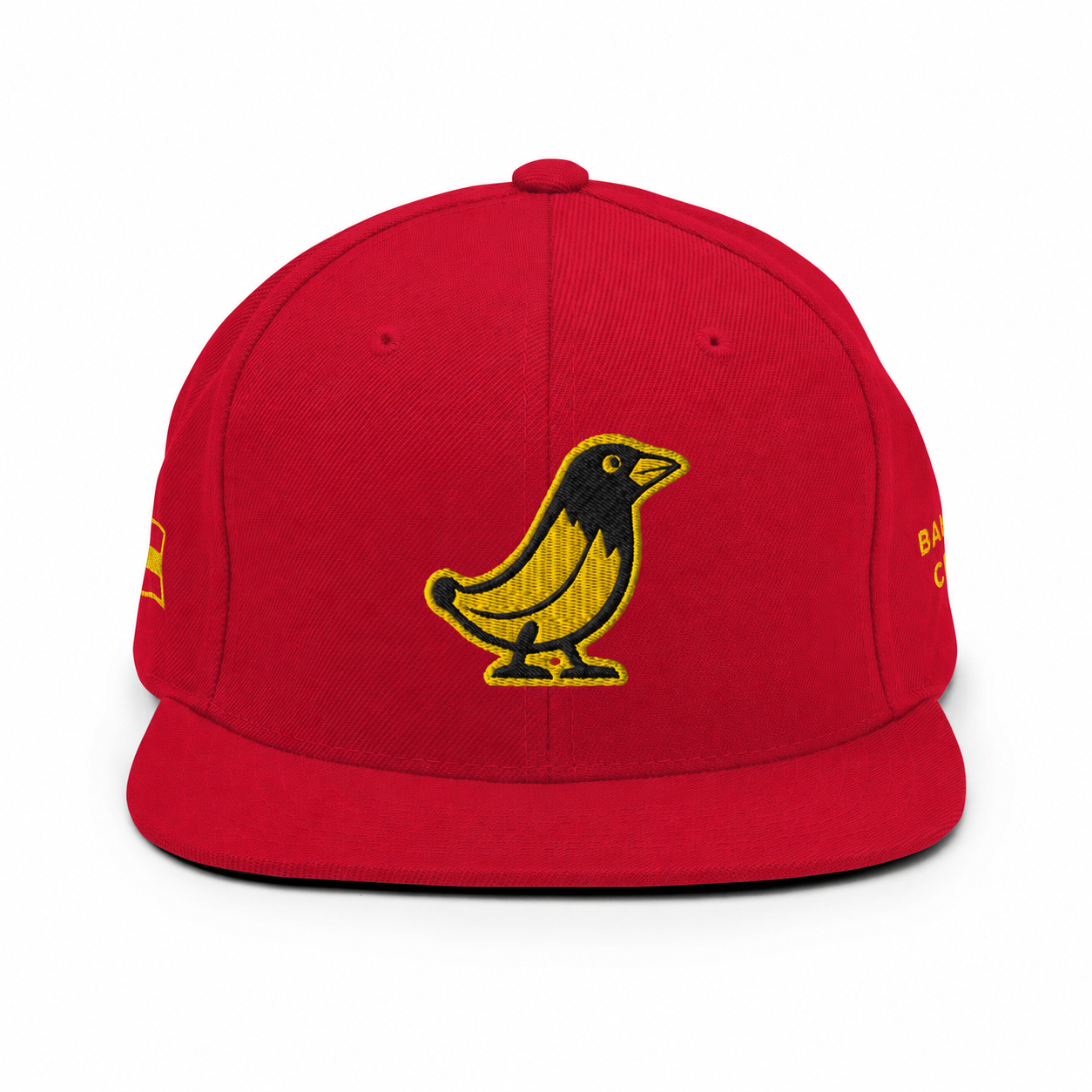 Banana Crow Allegiance embroidered snapback cap in Red front view