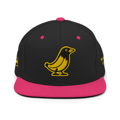 Banana Crow Allegiance embroidered snapback cap in Black / Neon Pink front view
