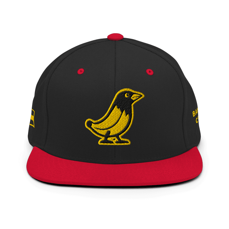 Banana Crow Allegiance embroidered snapback cap in Black / Red front view
